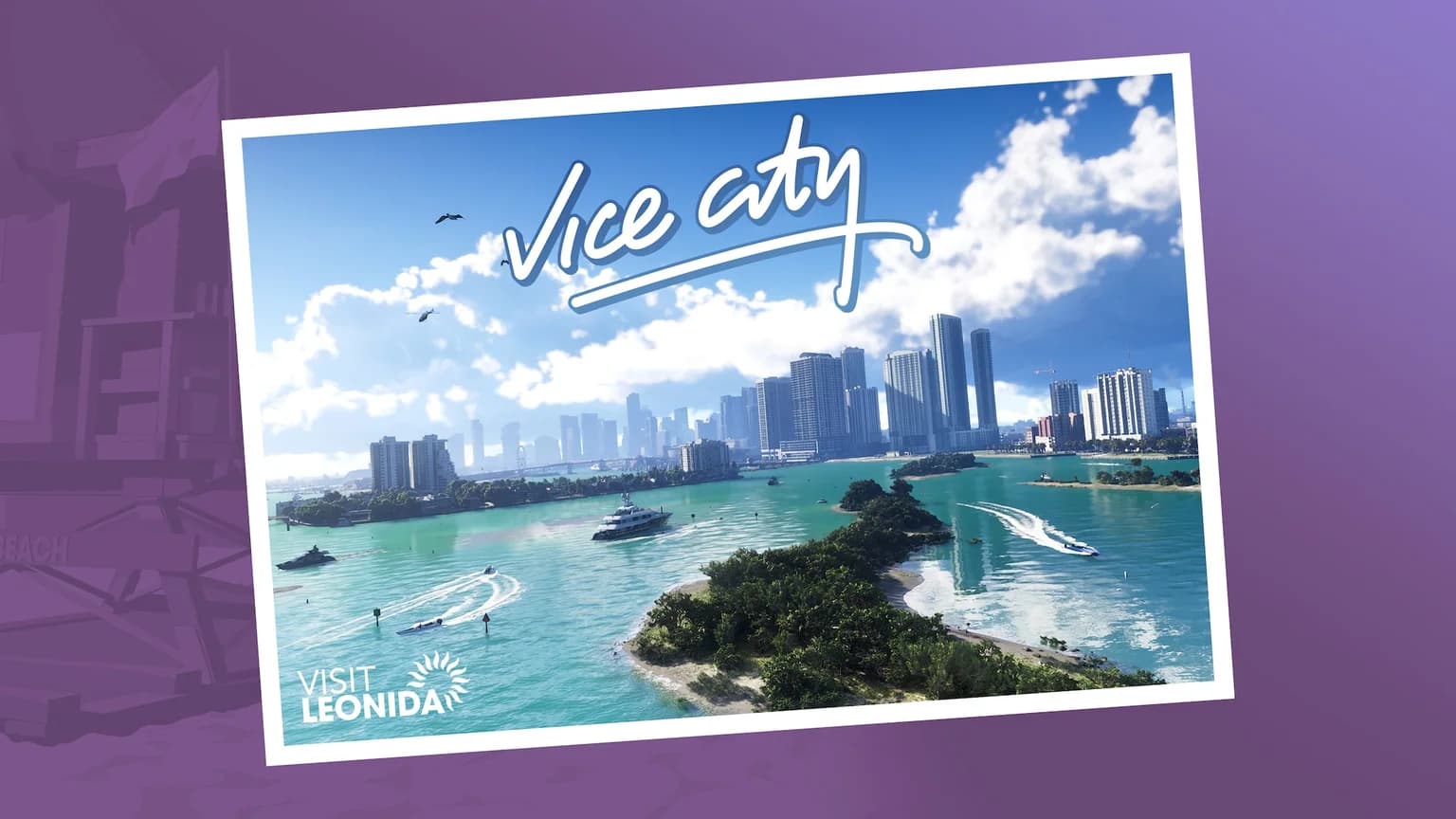 A Vice City souvenir postcard showing the coastline and islands, stamped Visit Leonida