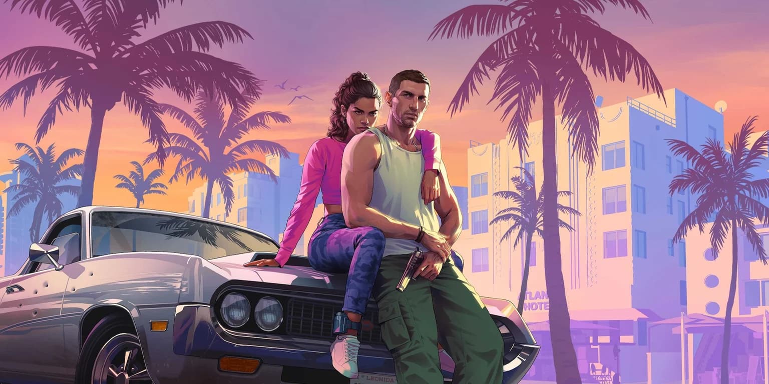 Jason and Lucia leaning against a muscle car under palm trees, with the Vice City skyline behind them
