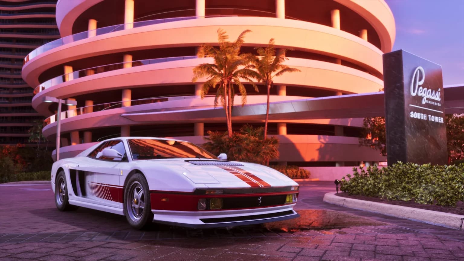 A white Grotti Cheetah parked in front of a curved pink parking structure at dusk
