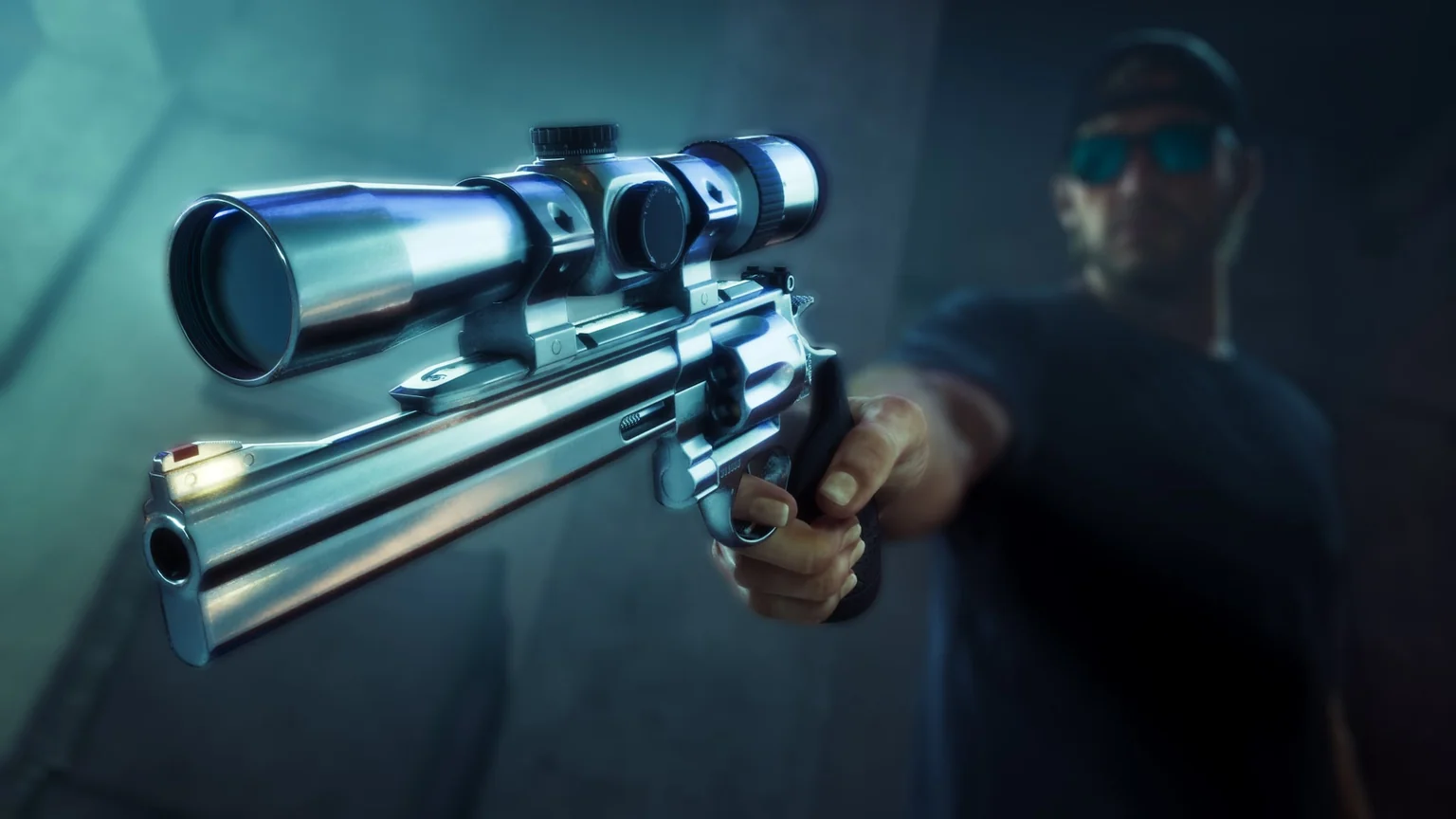 A scoped long-barrel revolver aimed towards the camera, the shooter out of focus behind it
