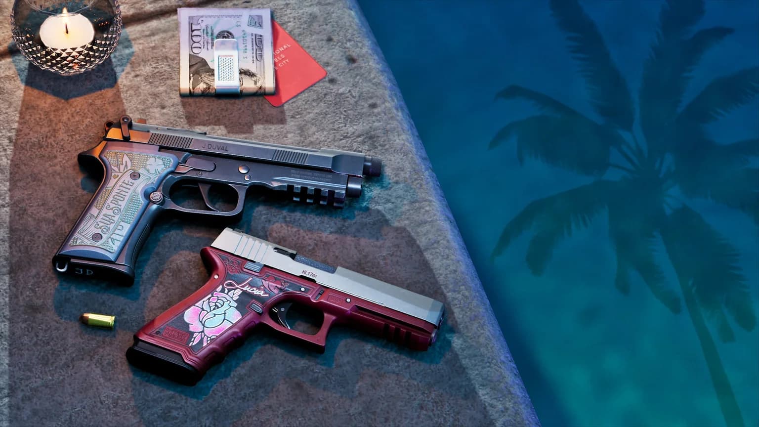 Two patterned handgun variants laid out on a concrete ledge beside playing cards